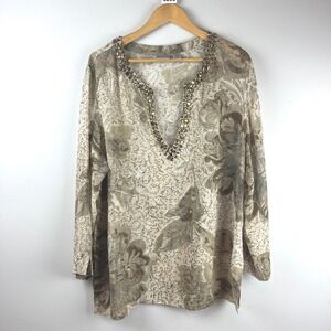 2/$30 Chicos Tan 100% Silk Sheer Embellished V-Neck Blouse 3